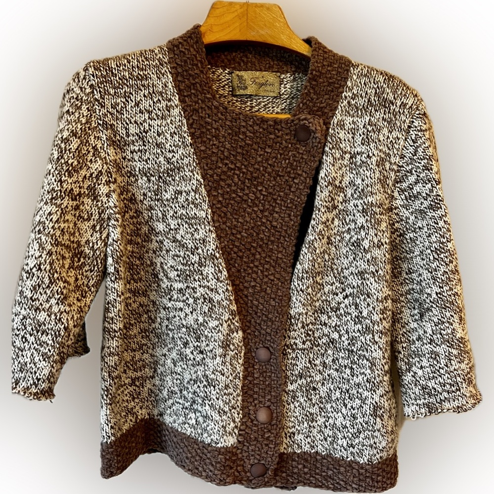 Rare Vintage Foxglove Ireland Taupe & Ivory Heavy Knit Cardigan Women Large